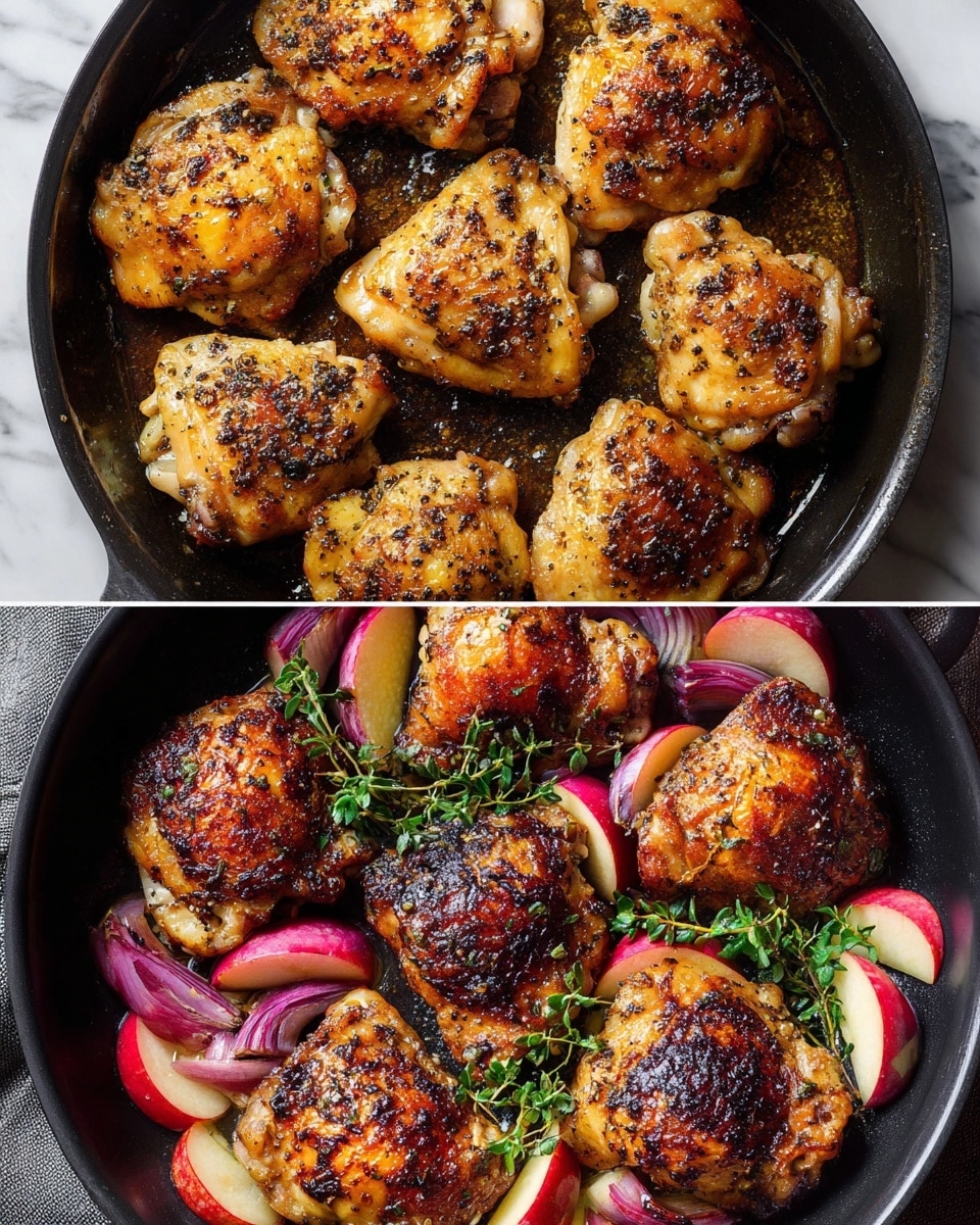 A white plate holds four crispy, golden brown pieces of cooked chicken, each with a slightly charred surface showing a rich texture. Around the chicken are thick slices of yellow and red apple pieces and translucent cooked onion layers, all sitting in a light brown sauce. Sprigs of fresh green rosemary and thyme are scattered on top and between the chicken pieces, adding a touch of color and freshness. The plate is on a white marbled surface with a beige cloth placed near the bottom left side. Photo taken with an iphone --ar 4:5 --v 7