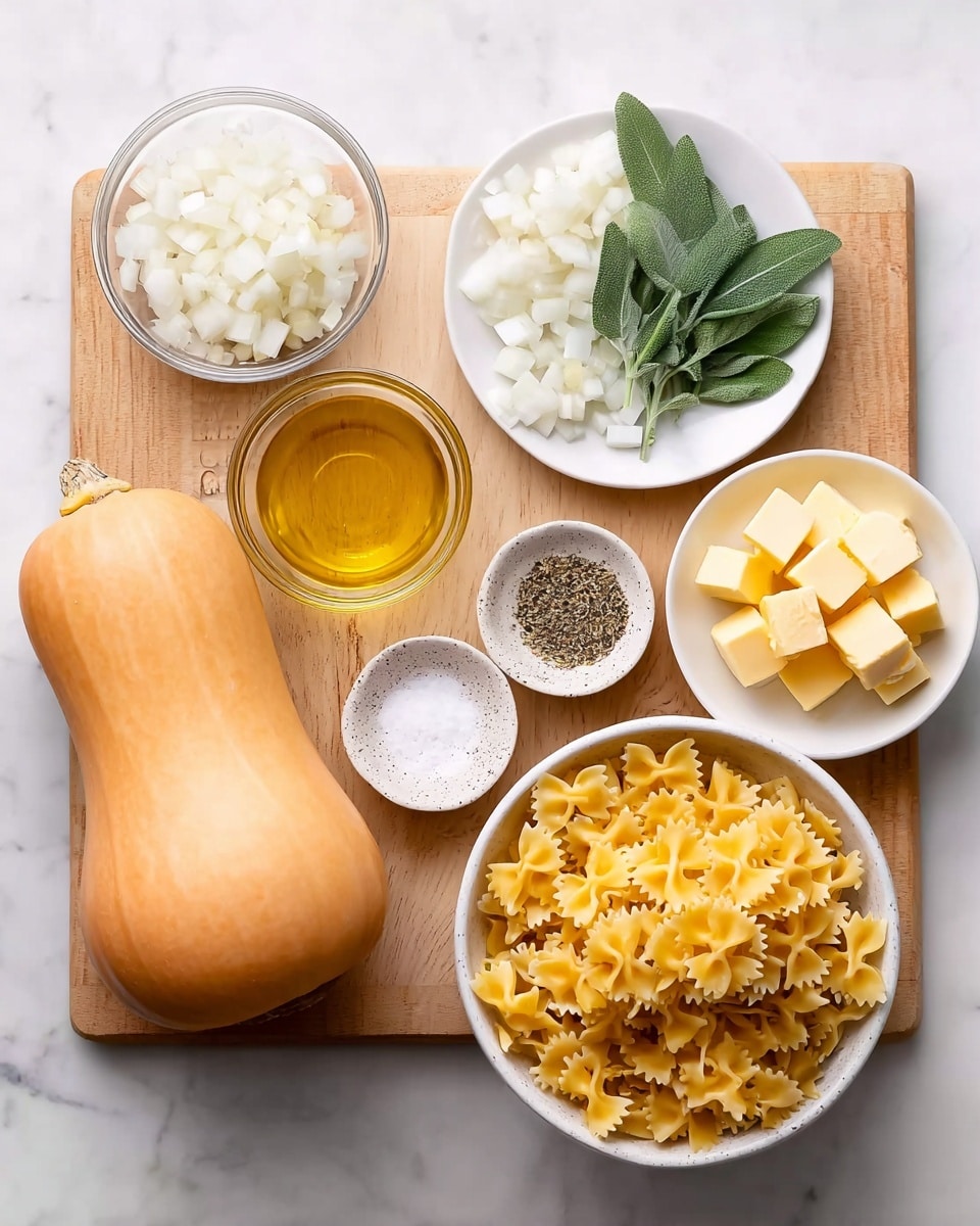 A shiny steel pan filled with farfalle pasta mixed with orange cubed squash pieces. The pasta is light yellow with smooth texture, and the squash has a soft, slightly cooked look. Small green leaves are scattered around, mixed with a little black pepper spread in different places. A wooden spoon rests inside the pan on the right side, touching some pasta and squash. The pan is placed on a white marbled surface. photo taken with an iphone --ar 4:5 --v 7