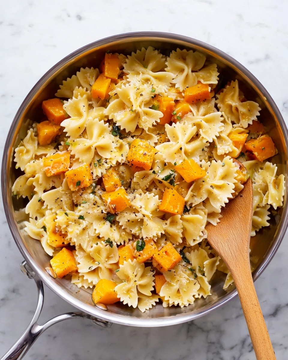 A white plate holds a serving of bow tie pasta mixed with bright orange roasted squash cubes scattered evenly throughout. On top of the pasta and squash are dark green sage leaves and a light sprinkle of shredded cheese, adding texture and color contrast. A silver fork rests on the right side of the plate, partially placed in the pasta. The plate sits on a white marbled surface with two clear glasses of white wine nearby and part of another white plate with the same pasta dish visible in the bottom left corner. photo taken with an iphone --ar 4:5 --v 7