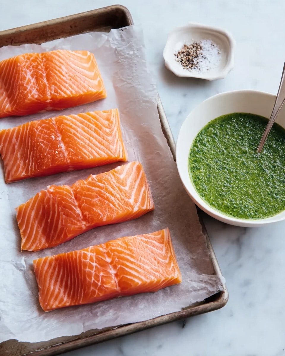 The image shows four pieces of raw salmon fillets with bright orange color and white lines in a zigzag pattern, placed on a baking tray lined with parchment paper. To the right, there is a white bowl filled with green sauce that looks thick and fresh, with a small silver spoon resting inside. Above the bowl is a small white dish with a mix of coarse salt and pepper. The whole scene is set on a white marbled surface. photo taken with an iphone --ar 4:5 --v 7