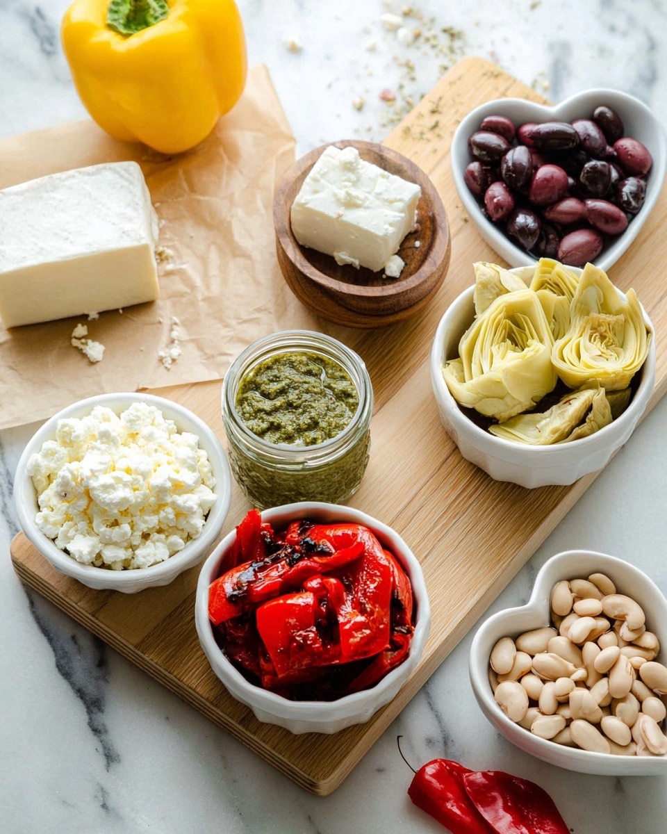 A white oval plate holds a Christmas tree shaped dip with four layers. The bottom layer is a white creamy spread covering a triangular tree shape. On top is a thick green pesto layer filling the tree evenly. Scattered over the green layer are small white cheese crumbles. Across the tree, there are rows of chopped red bell peppers and small beige artichoke pieces arranged in a zigzag pattern. Black olive slices are placed as round decorations around the tree. At the top, a bright yellow star-shaped piece sits as the tree topper. Small red round pieces around the tree look like ornaments, and the tree trunk is made from a dark red bell pepper strip at the base. The plate is set on a white marbled surface with a yellow cloth and a wooden spoon nearby. photo taken with an iphone --ar 4:5 --v 7