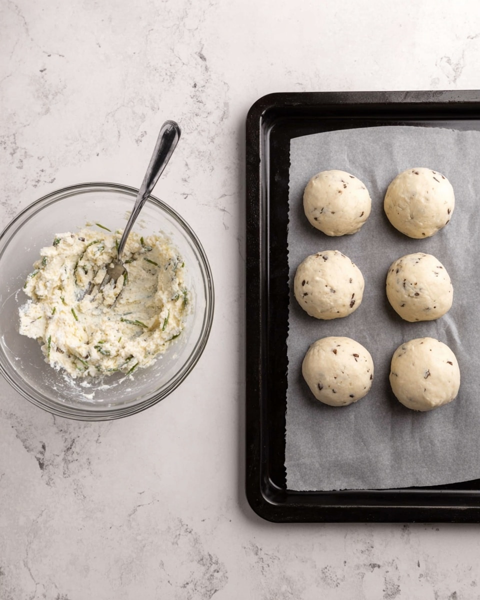 The image shows two parts: on the left, there is a black baking tray lined with white parchment paper, holding nine small round balls evenly spaced in three rows. The balls are coated with a light golden crumb layer and have a rough texture. On the right, a close-up of a black spoon holds three of these crumb-coated balls, showing a crispy, golden-brown outer layer with some darker spots. The background behind the spoon has a soft, blurred gray hexagon pattern, and below that is a shiny metallic surface. photo taken with an iphone --ar 4:5 --v 7