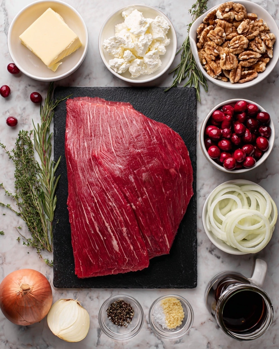 A white plate holds three sections of food: on the left, two thick slices of medium-rare roast beef with a slightly pink center and coarse black pepper seasoning on the brown crust; on the top right, a heap of golden brown, crumbly stuffing with a rough texture; on the bottom right, a pile of bright green, cut green beans showing smooth surfaces and clean edges. Scattered bright red cranberries add color around the stuffing and beef. The plate sits on a white marbled surface with a silver fork nearby, a white cloth with green leaf patterns partly visible on the upper left, and some rosemary sprigs near the bottom right. photo taken with an iphone --ar 4:5 --v 7
