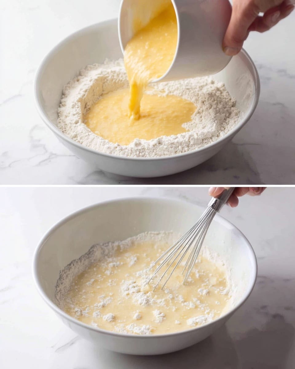 The first image shows a woman's hand pouring a thick, light yellow batter from a small white bowl into a larger white bowl filled with white flour. The batter has a smooth texture and flows gently over the flour. The scene is set on a white marbled surface. The second image shows a white bowl with a mixture of flour and batter being stirred with a metal whisk held by a woman's hand. The mixture is thick, creamy, and pale yellow with scattered white patches of flour on top. The setting remains on a white marbled surface. photo taken with an iphone --ar 4:5 --v 7