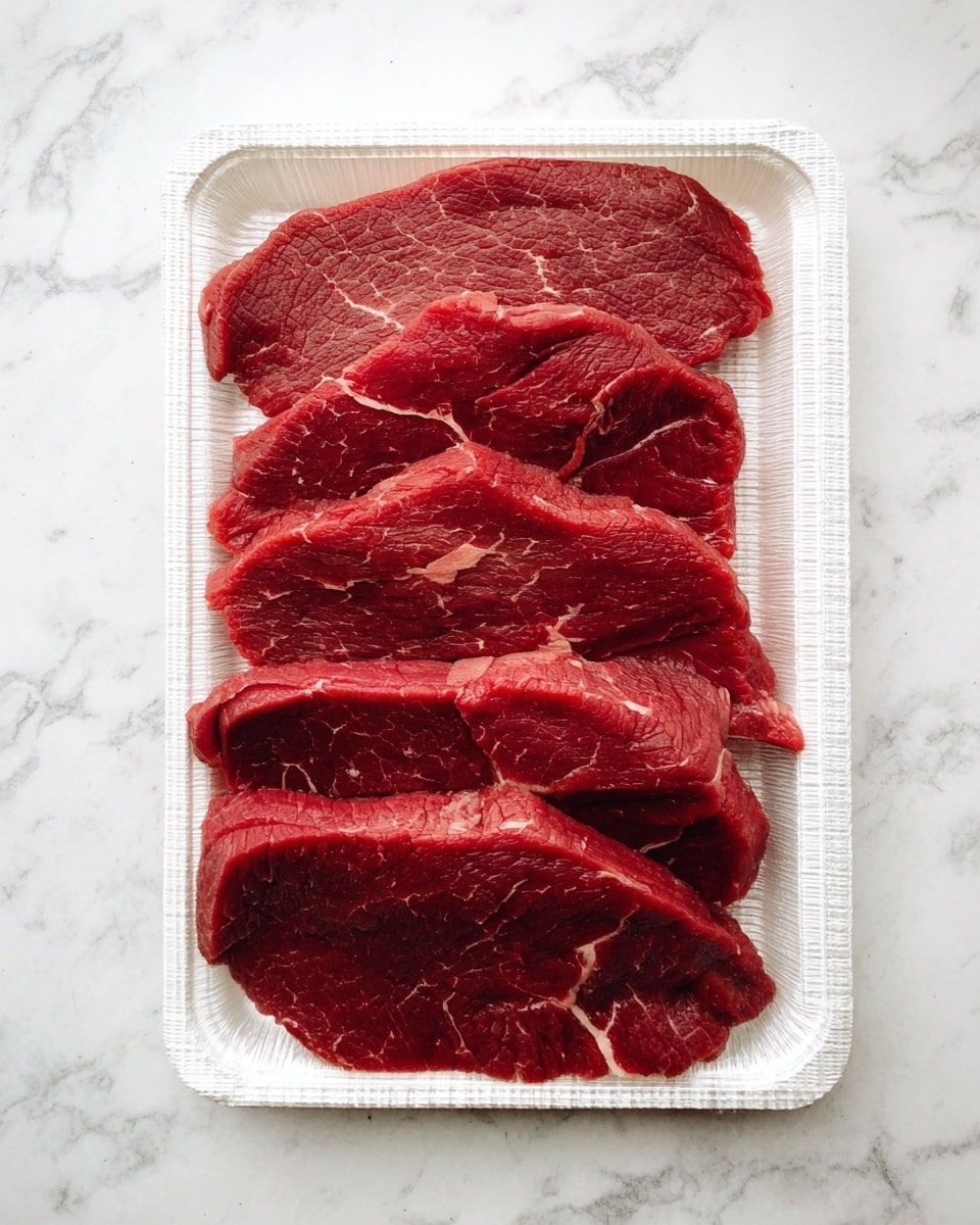 The image shows a close-up of a raw meat roll pinned with a wooden toothpick. The roll has one visible layer of deep red, textured raw meat wrapped tightly around a thin layer of white filling that peeks out slightly along the side. The roll sits on a white marbled surface with soft lighting highlighting the moist texture of the meat. In the background, another similar roll is blurred but visible. Photo taken with an iphone --ar 4:5 --v 7