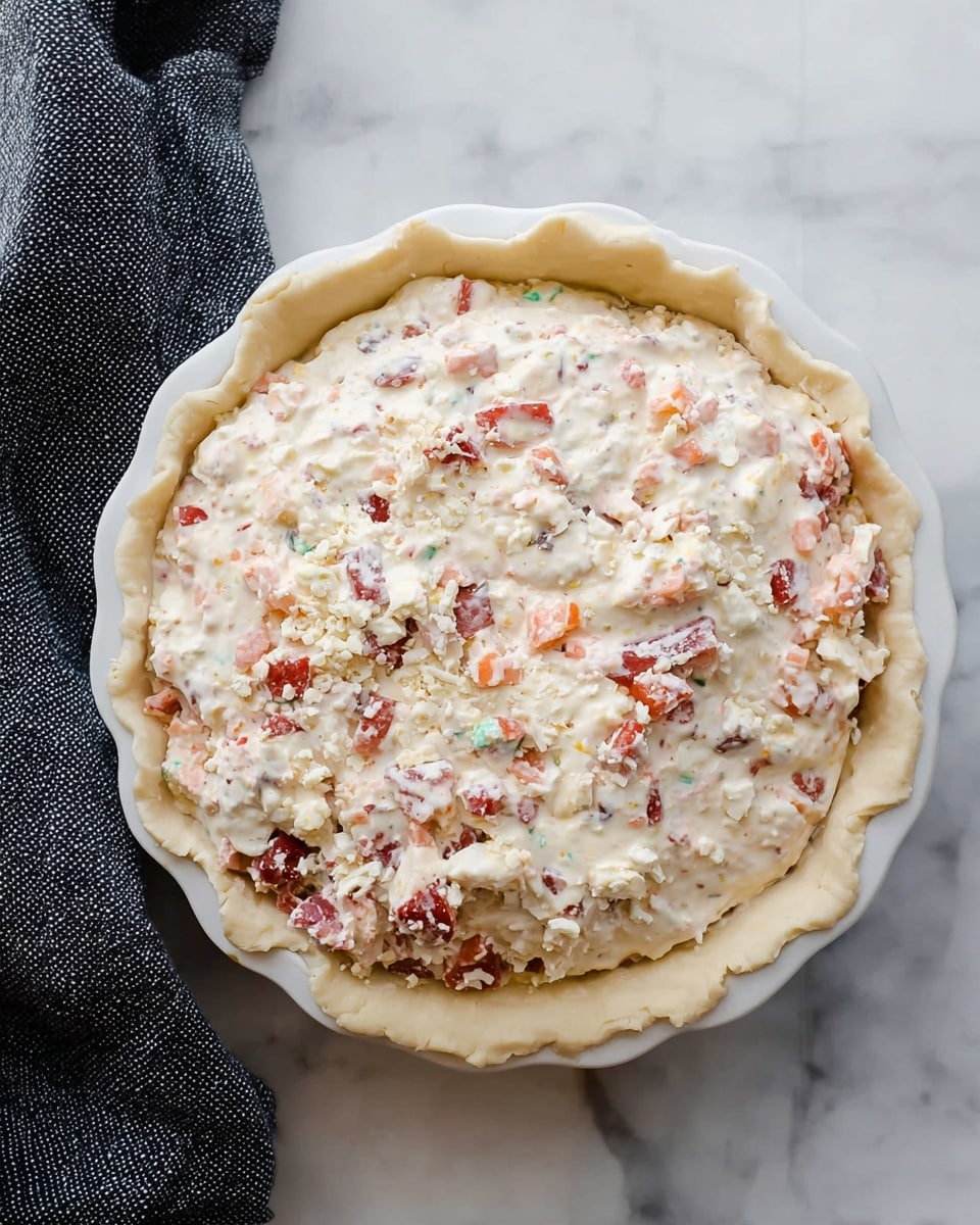 A round pie with a golden brown crust sits on a white fluted pie dish, resting on a green cloth over a white marbled surface. The pie is cut to show inside layers: the top and bottom are thick, flaky, golden pastry crusts, while the middle filling has a mix of green leafy vegetables, small red pieces, and minced meat mixed together, giving a textured look with colors of greens, reds, and light browns. Some green herbs are sprinkled lightly on the crust's top. In the blurred background, slices of red tomatoes and circular slices of salami are placed in white bowls. Photo taken with an iphone --ar 4:5 --v 7