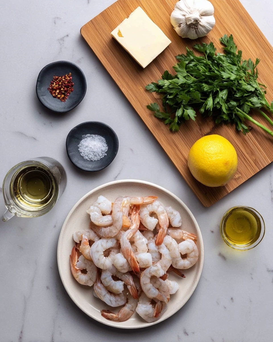 A white plate filled with raw shrimp, arranged in a loose pile showing pink and translucent white colors with some light orange shades on the tails, placed on a white marbled surface; above the plate, a woman's hand is holding a small piece of butter, light yellow in color and rectangular in shape. To the upper right, a wooden cutting board with fresh green parsley leaves, a whole garlic bulb with white skin, and a halved yellow lemon. To the left, three small black dishes holding white salt, red pepper flakes, and dark soy sauce, plus a clear glass of light yellow oil, all placed on the white marbled surface. Photo taken with an iphone --ar 4:5 --v 7