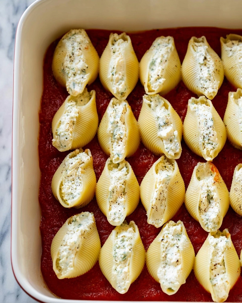 A white baking dish is filled with large pasta shells arranged in neat rows, each shell stuffed with a creamy white cheese mixture speckled with herbs and black pepper. The shells sit on a smooth, bright red tomato sauce that covers the bottom of the dish in a thick layer. The pasta has a slightly ridged texture, and the cheese filling looks soft and dense, evenly packed inside each shell. The background surface is white with a marbled texture. photo taken with an iphone --ar 4:5 --v 7