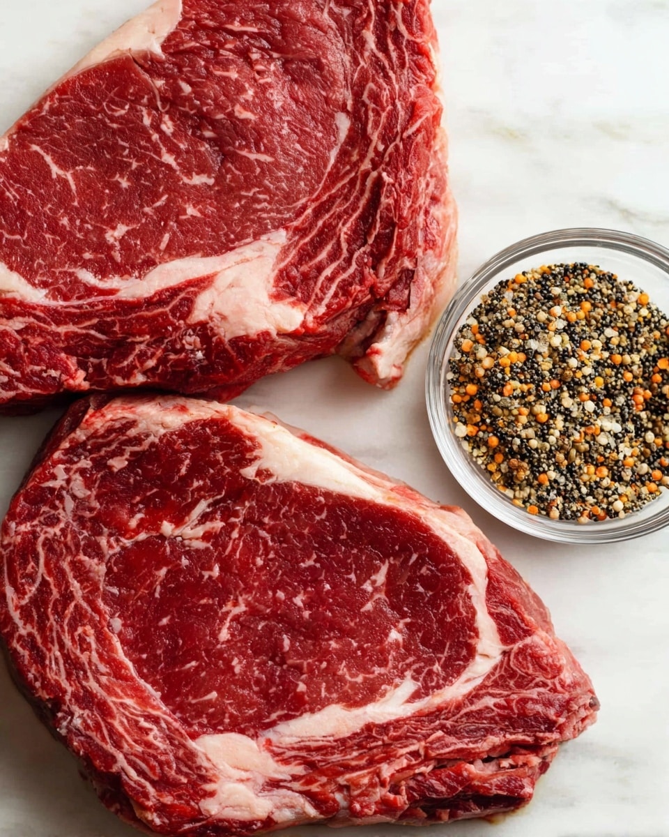 The image shows two thick raw ribeye steaks with rich red color and white marbled fat spread throughout, placed on a white marbled surface. To the right of the steaks is a small clear bowl filled with a coarse mix of spices that include black, orange, and white bits, adding texture and color contrast to the scene. The steaks appear fresh and juicy, with the marbled fat creating veins and patches across the meat. Photo taken with an iphone --ar 4:5 --v 7