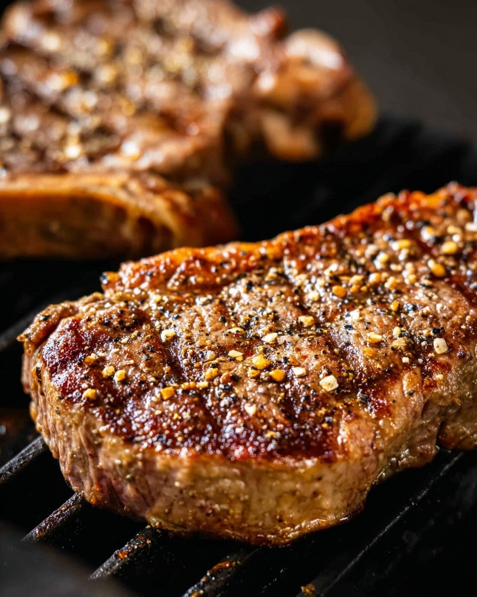 The image shows several thick, juicy steak slices stacked on a wooden board. The top steak has a dark brown, slightly crisp outer layer with visible pepper flakes and small garlic pieces, while the inside is a tender pinkish-red color showing a medium level of cooking. Around the steak, there is a light shine of juices, making the meat look moist. On the right side of the board, a green sprig of rosemary adds a fresh touch. The whole scene is set on a white marbled surface. Photo taken with an iphone --ar 4:5 --v 7