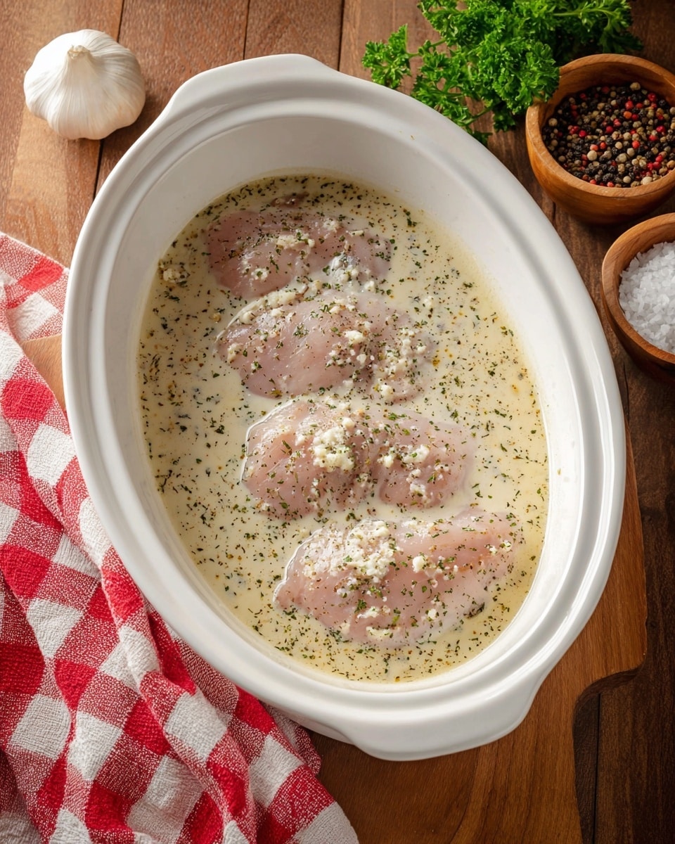 A white oval dish holds three pieces of raw chicken submerged in a creamy, herb-speckled marinade. The marinade is light beige with small green and black herb flecks evenly spread throughout. The chicken pieces are pale pink, partially covered with white crumbly bits mixed into the sauce. The dish sits on a wooden table with a red and white checkered cloth on the lower left corner, a bulb of garlic and green parsley on the lower right, and two wooden bowls filled with coarse salt and mixed peppercorns placed near the upper right edge. The photo taken with an iphone --ar 4:5 --v 7