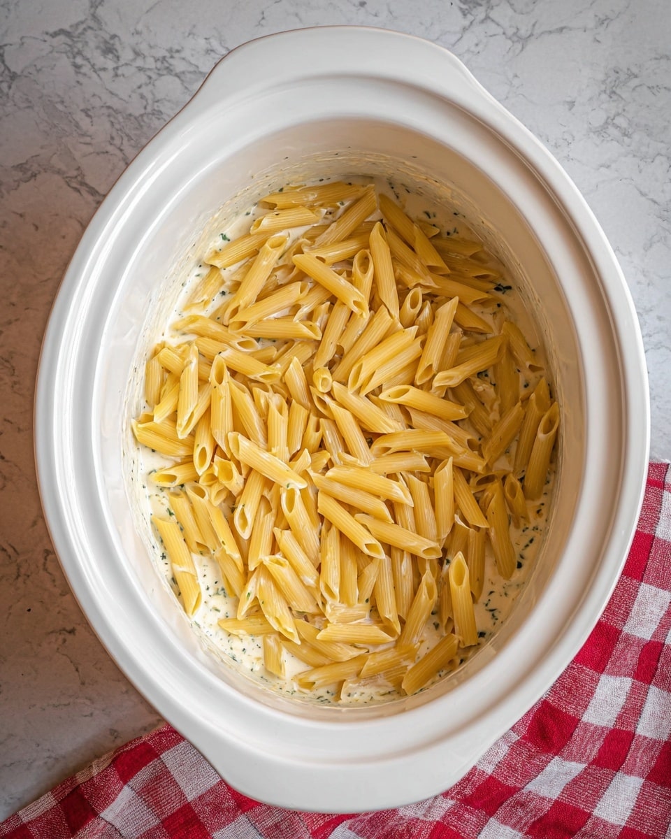 The image shows a white round slow cooker filled with two layers: at the bottom, there is a creamy white sauce with green herb specks visible in the texture, and on top, uncooked yellow penne pasta pieces are spread, covering the sauce almost completely. The slow cooker sits on a white marbled surface with part of a red and white checkered cloth in the corner. Photo taken with an iphone --ar 4:5 --v 7