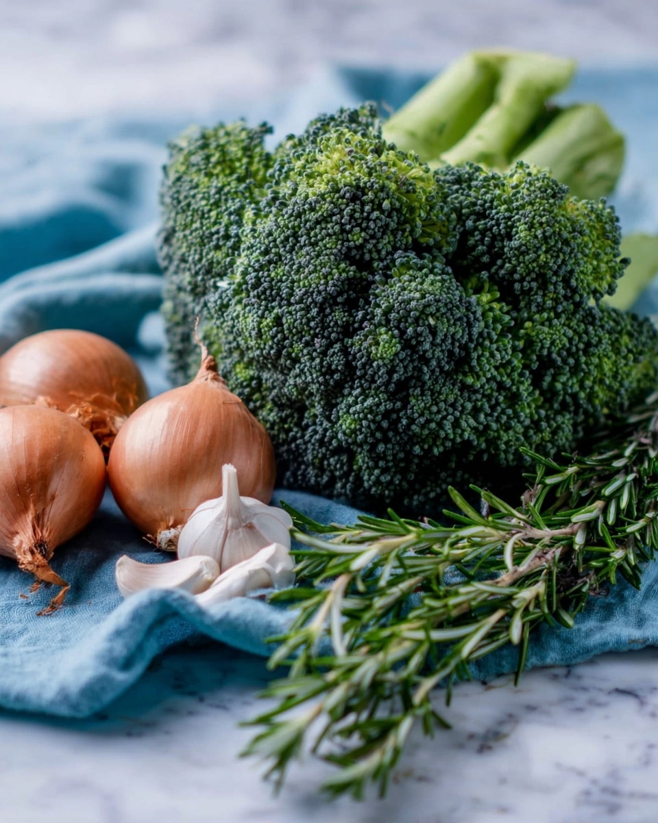 The image shows a close-up view of fresh broccoli with small tight green florets and thick green stems. In front of the broccoli, there are two small brown onions with shiny skins and a few white garlic cloves. To the right, a fresh green rosemary sprig with needle-like leaves leans gently against the onions. All ingredients rest on a soft light blue cloth, which is placed on a white marbled surface. Photo taken with an iphone --ar 4:5 --v 7