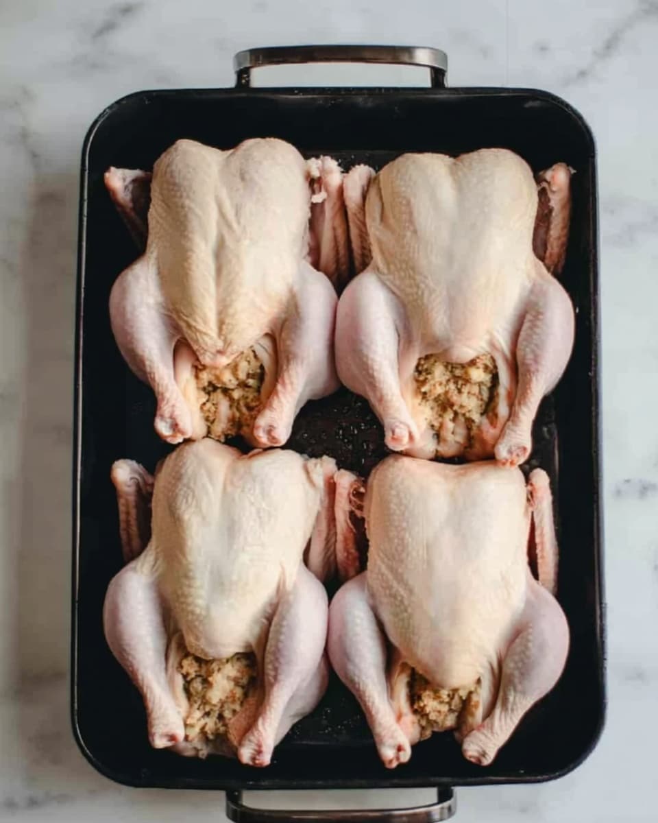 The image shows a black roasting pan holding four whole raw chickens placed side by side in two rows. Each chicken is pale pink with a smooth skin texture and is stuffed with a light brown stuffing mixture visible at the cavity. The roasting pan sits on a white marbled surface. Photo taken with an iphone --ar 4:5 --v 7