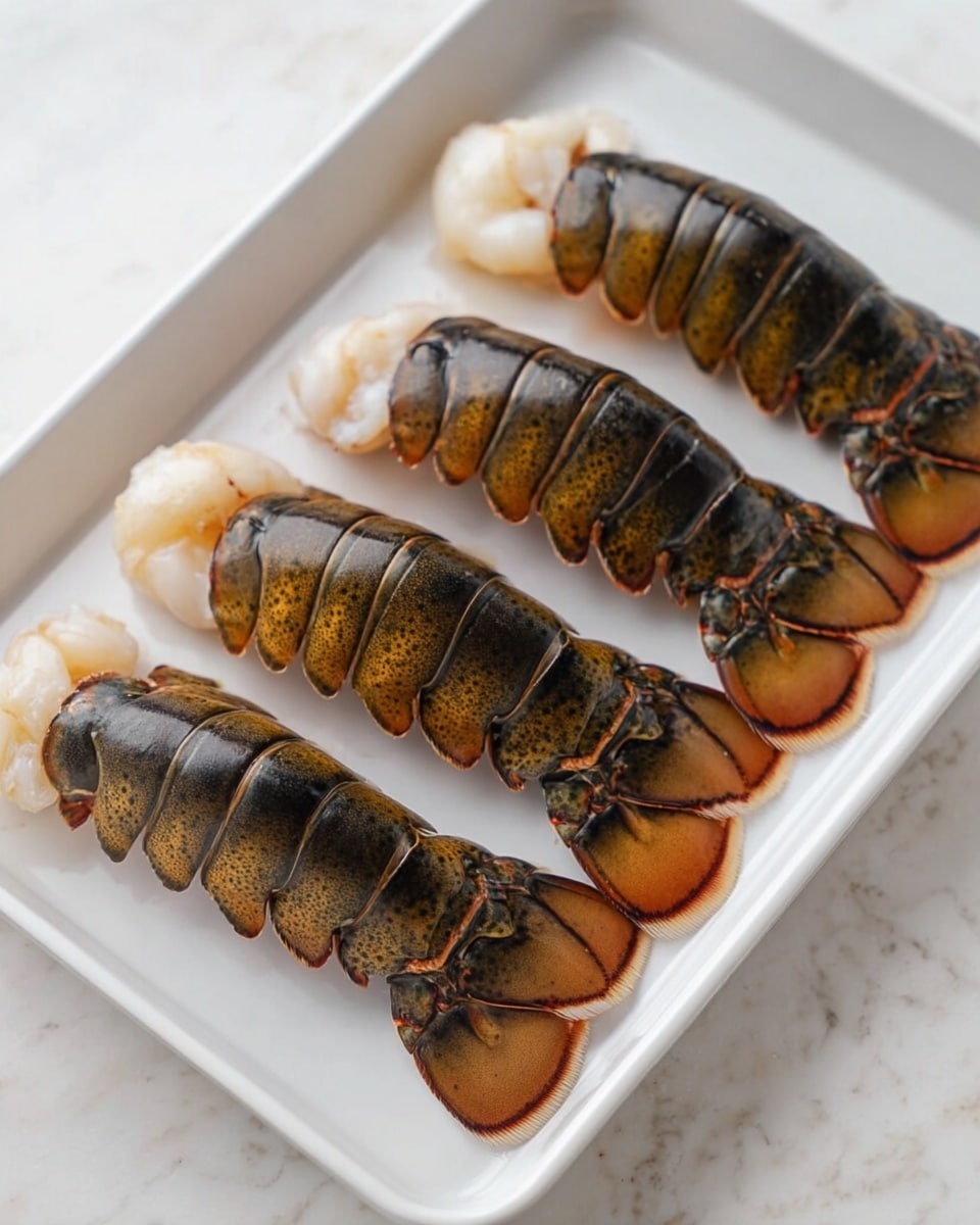 Two cooked lobster tails are placed side by side on a white plate, each tail showing three visible sections with a dark orange-red shell base. On top of each tail is a generous layer of tender white lobster meat seasoned with a light dusting of brown spices and small green herb pieces. The plate is garnished with small green herb bits and surrounded by three lemon wedges arranged on a white marbled surface. The photo taken with an iphone --ar 4:5 --v 7