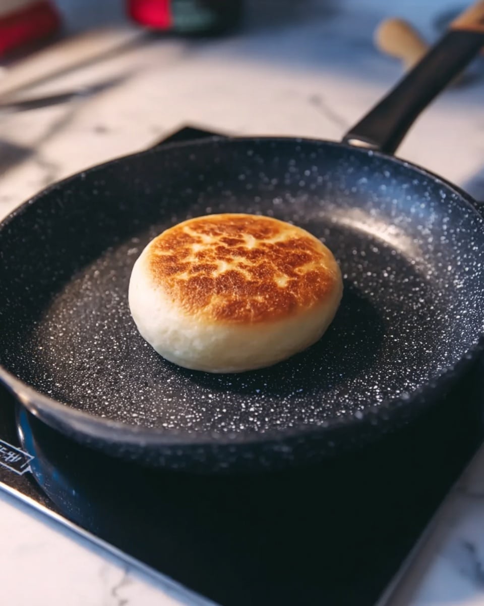 A round, golden brown bun is cooking in the middle of a black, speckled frying pan on a stove. The bun has a slightly shiny, smooth top surface with light browning patterns, and its sides are pale and soft-looking. The pan sits on a flat black stove top with a white marbled surface around it, and some blurred objects are visible in the background. photo taken with an iphone --ar 4:5 --v 7