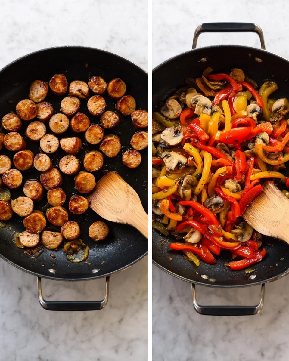 A black pan with a wooden spatula resting inside is shown twice on a white marbled surface. In the first image, the pan holds many small, golden-brown cooked sausage slices scattered evenly across the bottom, each with a slightly crispy texture. In the second image, the pan contains cooked vegetable slices, including red and yellow bell peppers and light brown mushrooms, all mixed together with a soft, slightly shiny texture. The wooden spatula is positioned similarly inside the pan in both images. Photo taken with an iphone --ar 4:5 --v 7