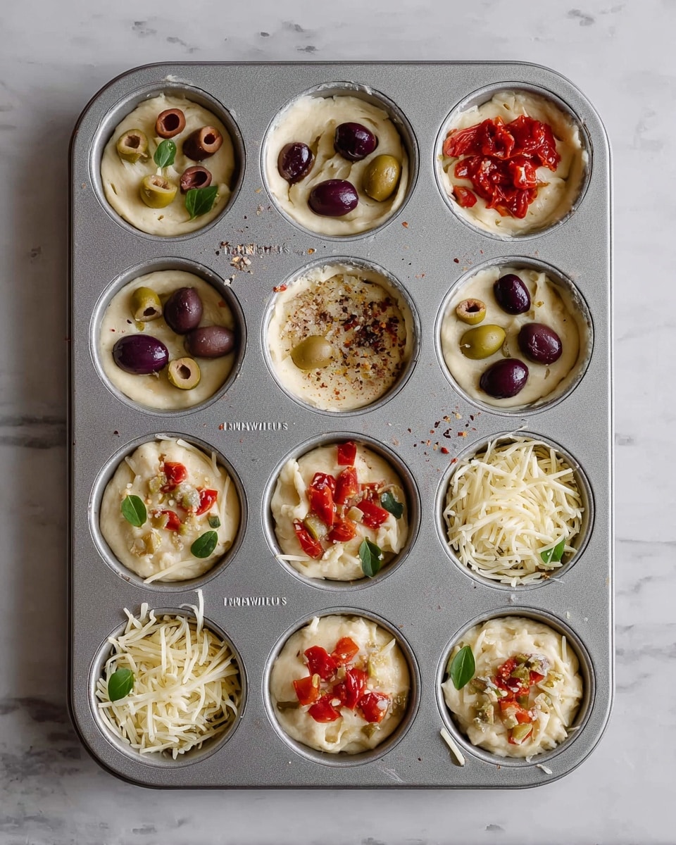 This image shows a metal muffin tray with 12 cups filled with dough topped with different ingredients. Each dough layer is pale and soft, filling the cups halfway. The top nine cups hold dough with various sliced olives in dark purple and green, along with red cherry tomato slices and sprinkled seasoning. The bottom left and middle cups have shredded cheese piled over the dough with some red cherry tomato pieces, while the bottom right cup contains shredded cheese with small tomato bits and a few green leaves for garnish. The tray is placed on a white marbled surface. photo taken with an iphone --ar 4:5 --v 7