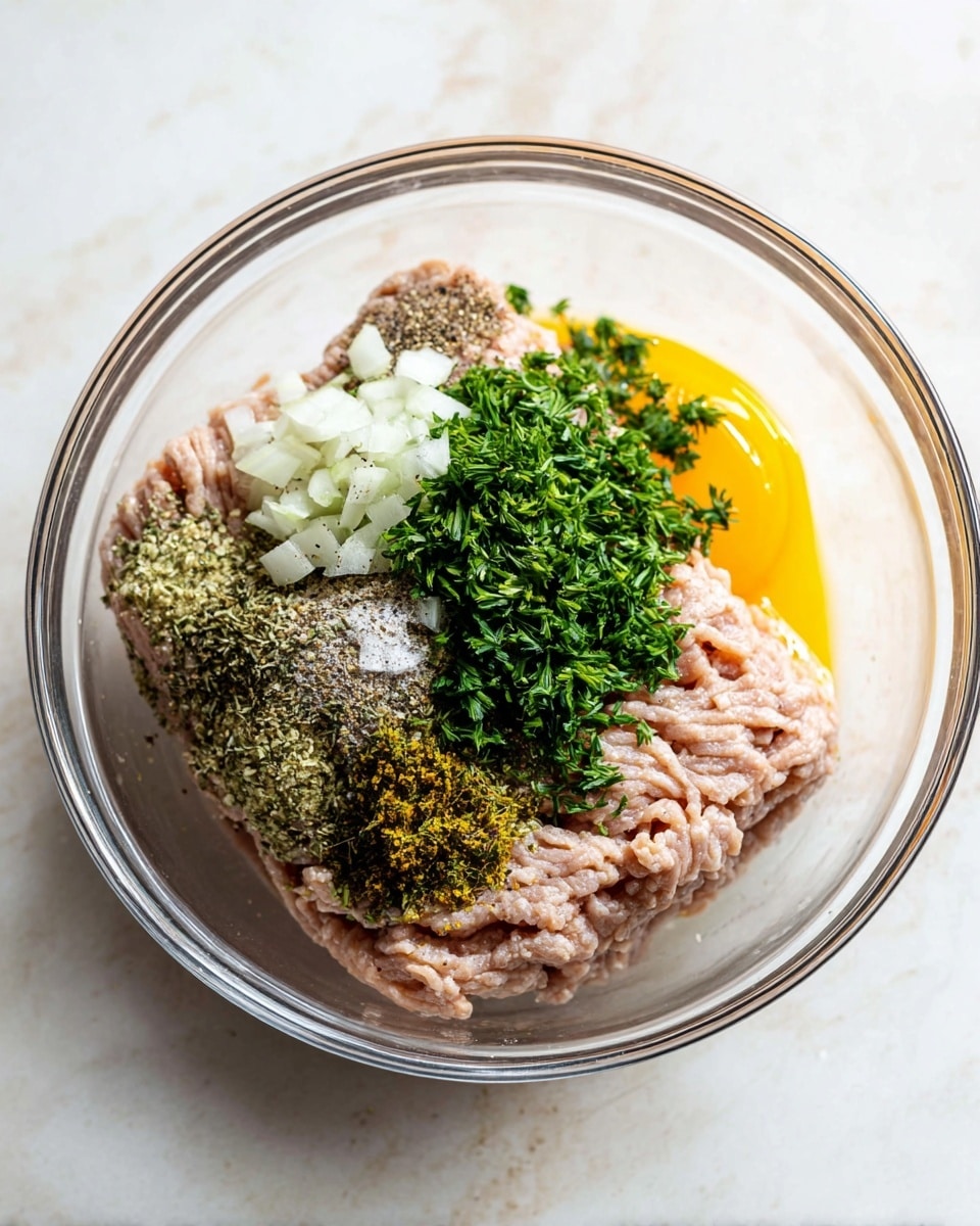 The image shows a clear glass bowl placed on a white marbled surface. Inside the bowl, there is a large square block of light pink ground meat forming the base layer. On top of the meat, several finely chopped white onion pieces sit mainly to the left. Next to the onions, a bright green bunch of chopped herbs is placed in the center. Surrounding this green pile, there is a mix of dried herbs and spices with textures ranging from coarse to fine brown and green specks. On the right side beneath the herbs, a smooth bright yellow egg yolk peeks out. The whole mixture is sprinkled with pinches of black pepper and salt evenly over the top. Photo taken with an iphone --ar 4:5 --v 7
