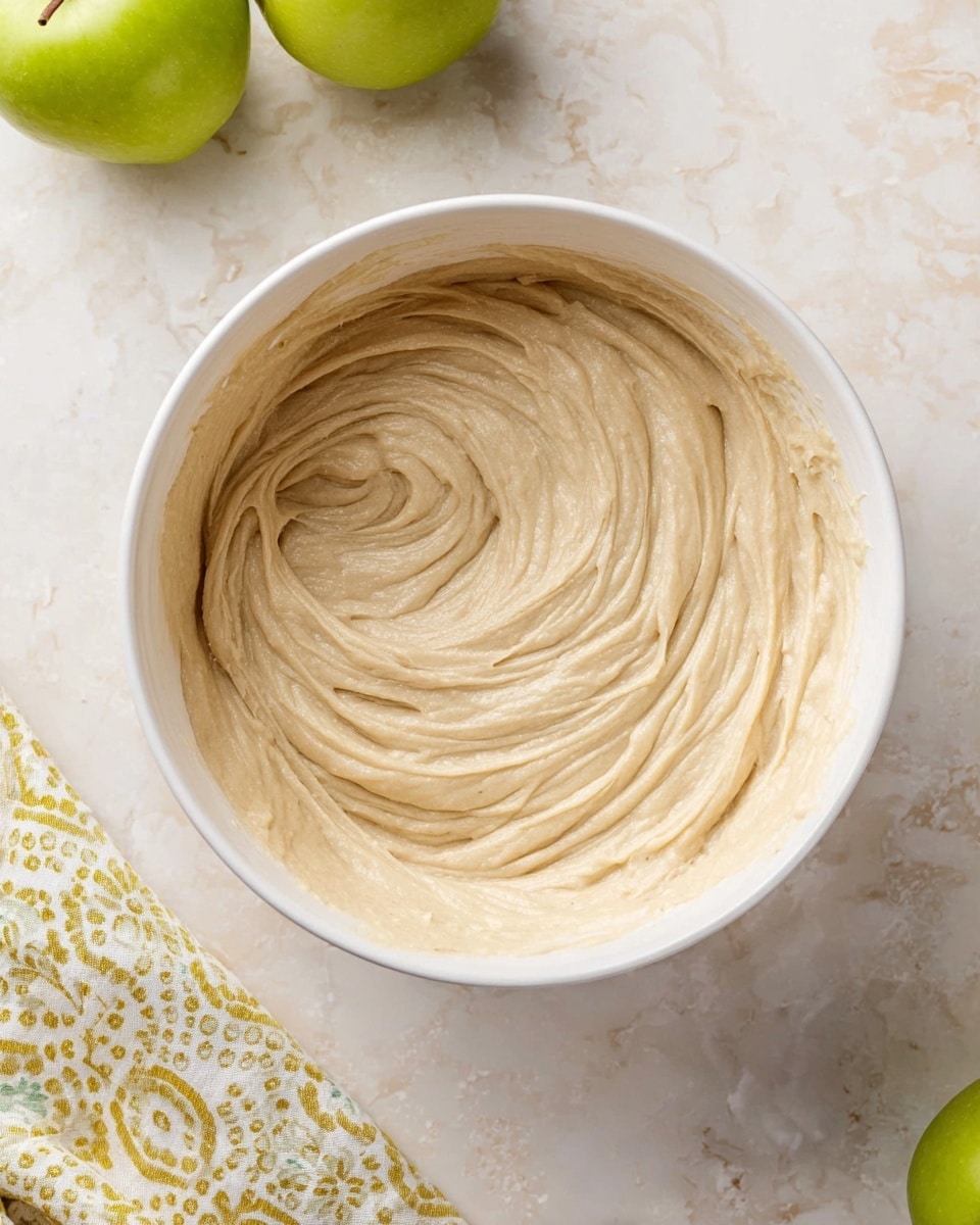 A white bowl filled with smooth, creamy beige batter swirled in soft waves, showing thick and airy texture. The bowl sits on a white marbled surface with two green apples near the top left corner and a patterned yellow and white cloth at the bottom left. The batter takes up the whole inside of the bowl, with light and shadow accentuating the swirls. Photo taken with an iphone --ar 4:5 --v 7