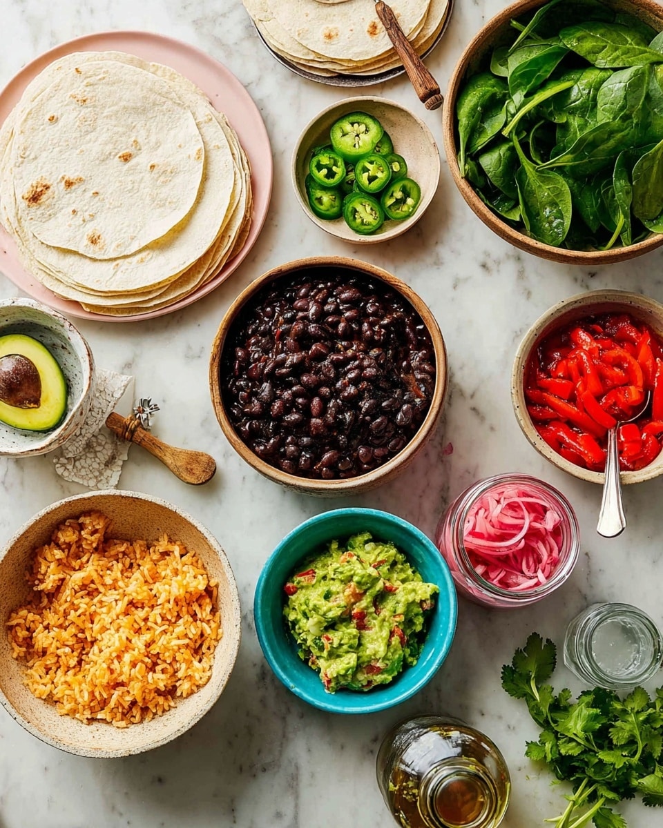 The image shows an overhead view of several bowls and plates arranged on a white marbled surface. There are soft white tortillas stacked on a white plate with a slight pink edge on the upper left and more tortillas stacked on the top right. At the center, there is a brown bowl filled with fresh bright green spinach leaves, and to its right is a small white bowl containing sliced green jalapeños. Below the spinach, a light blue bowl holds cooked black beans with a rich, dark texture, and next to it is a jar of pink pickled onions with a silver spoon inside. On the bottom left, a beige bowl is full of yellow-orange Mexican rice with visible small bits of red and green. Nearby, a small white bowl with chunky green guacamole mixed with bits of tomato has a spoon inside. A turquoise bowl on the left contains red cooked sliced bell peppers. A small green bowl with red salsa and a wooden spoon sits next to the guacamole. There is also a bunch of fresh green cilantro on the bottom left. A transparent bottle with an open top and an exposed silver bottle cap lies near the tortillas in the middle. Photo taken with an iphone --ar 4:5 --v 7
