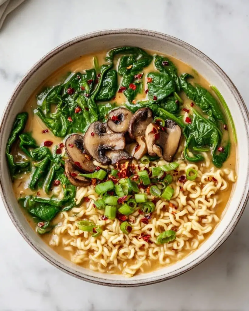 Creamy Ramen Noodles with Garlic, Mushrooms, and Egg Recipe