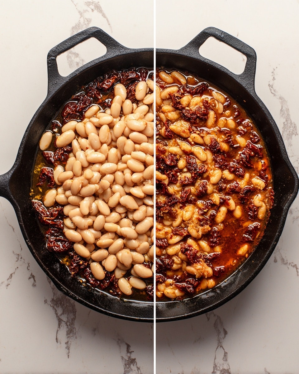 The image shows two side-by-side views of a black cast iron pan on a white marbled surface. The left side shows the pan filled halfway with a dark sauce and sun-dried tomatoes, topped with a large heap of pale beige beans placed in the center. The right side shows the same pan with the beans fully mixed into the sauce, now coated in a glossy reddish-brown liquid, with the sun-dried tomatoes still visible scattered throughout. The texture on the right is saucy and thick with soft beans, while the left side contrasts the dry beans on top of the sauce. Photo taken with an iphone --ar 4:5 --v 7