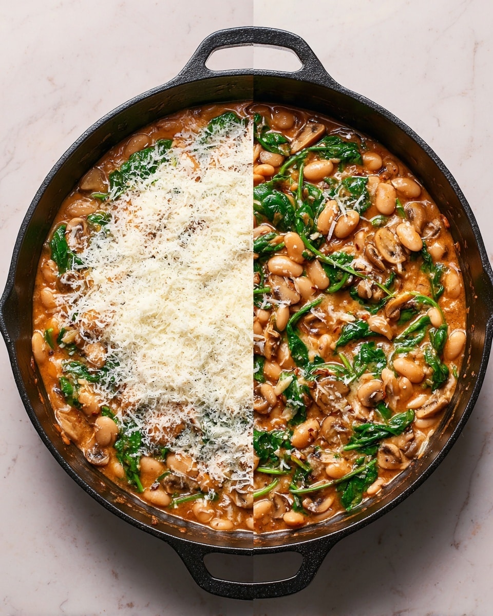 A black cast iron pan filled with a creamy mixture of white beans, bright green spinach leaves, and light brown mushroom slices, all mixed in a warm orange-brown sauce that covers the bottom and layers evenly across the pan’s surface. On top of this, there is a layer of finely grated white cheese piled mainly in the center, slightly spreading outward to touch the beans and spinach around it. The pan sits on a white marbled surface, and the food looks fresh and rich, showing the textures of the vegetables and beans clearly. Photo taken with an iphone --ar 4:5 --v 7