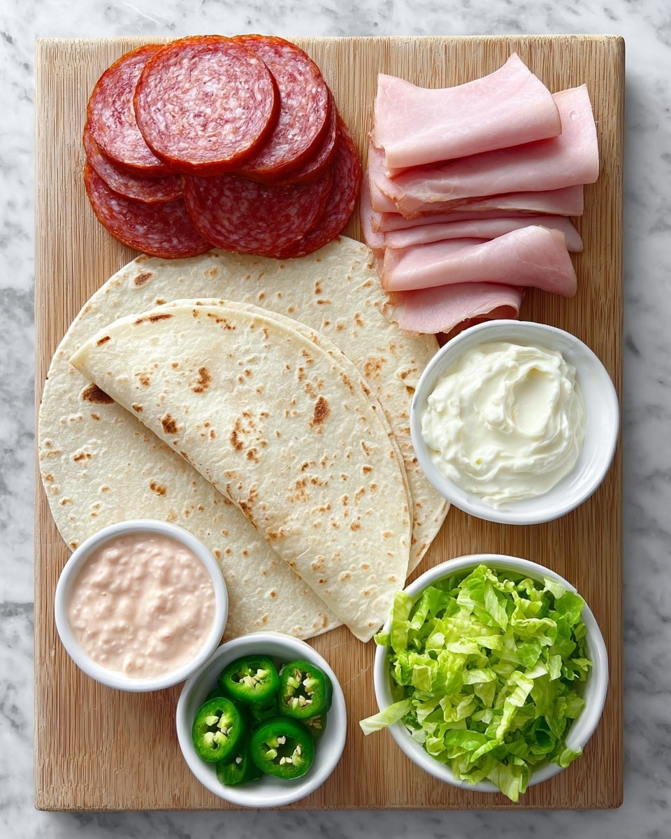 The image shows a wooden board on a white marbled surface with layers of food items arranged neatly. At the top left are several round, reddish slices of salami stacked on each other. To the right of the salami are thin, light pink slices of ham slightly overlapping. Below these meats is a folded, slightly toasted tortilla with light brown spots. In front of the tortilla are four small white bowls arranged in a grid: one bowl holds a pinkish creamy sauce with small chunks, another contains small bright green chopped jalapeño pieces, the third bowl has soft white cream cheese, and the last bowl is filled with fresh shredded green lettuce. The items create a colorful and organized display of ingredients, photo taken with an iphone --ar 4:5 --v 7