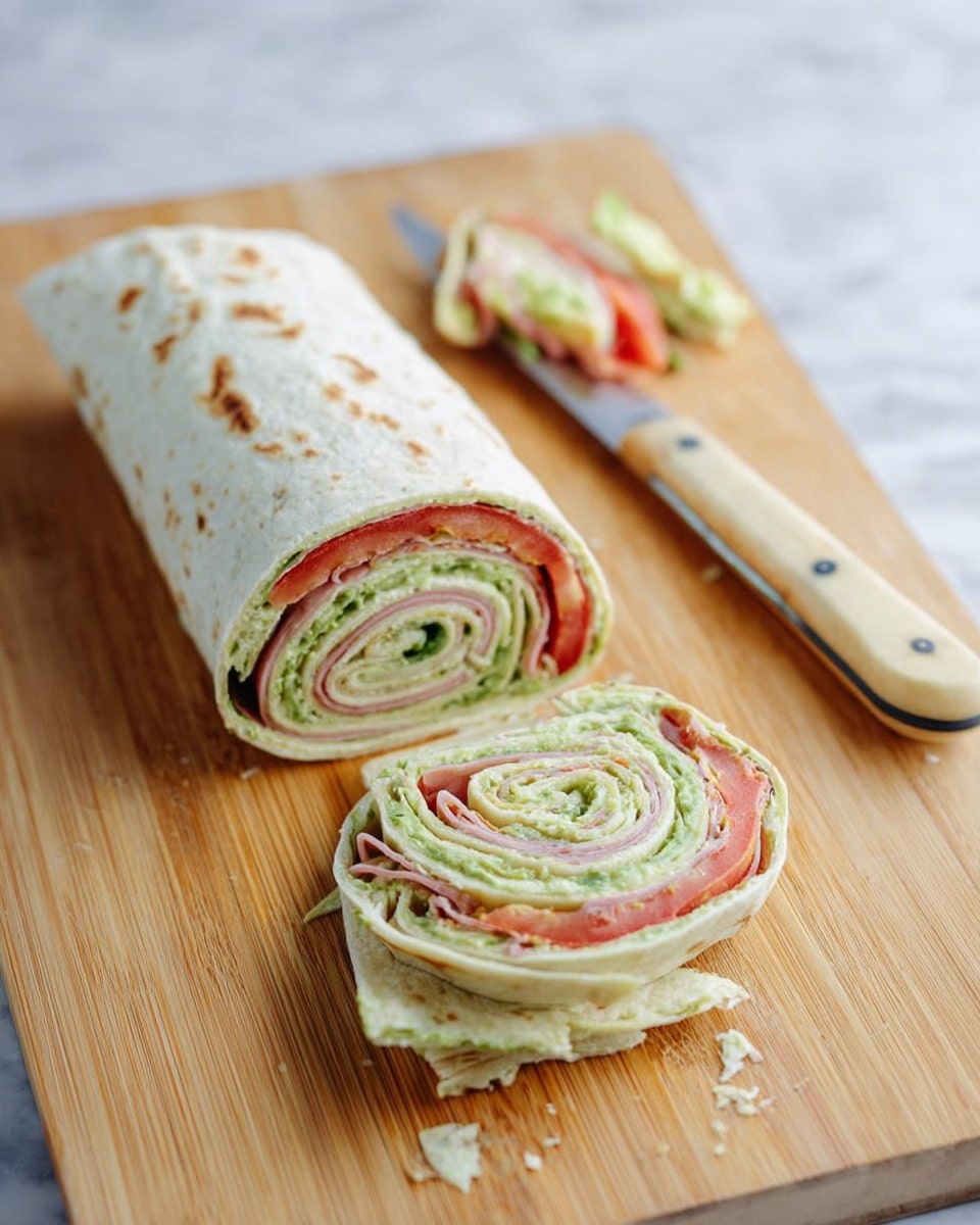 A rolled wrap is shown on a light wooden cutting board with a knife nearby. The wrap has at least four visible layers: a soft, pale flatbread outer layer with some brown char marks, a spread of green herb or avocado sauce just inside the bread, thin slices of light meat or deli meat, and bright red tomato slices. Two thick slices of the wrap are cut off showing the spiral of these layers inside. The wooden surface is clean except for some small crumbs. The photo is taken on a white marbled texture background. photo taken with an iphone --ar 4:5 --v 7