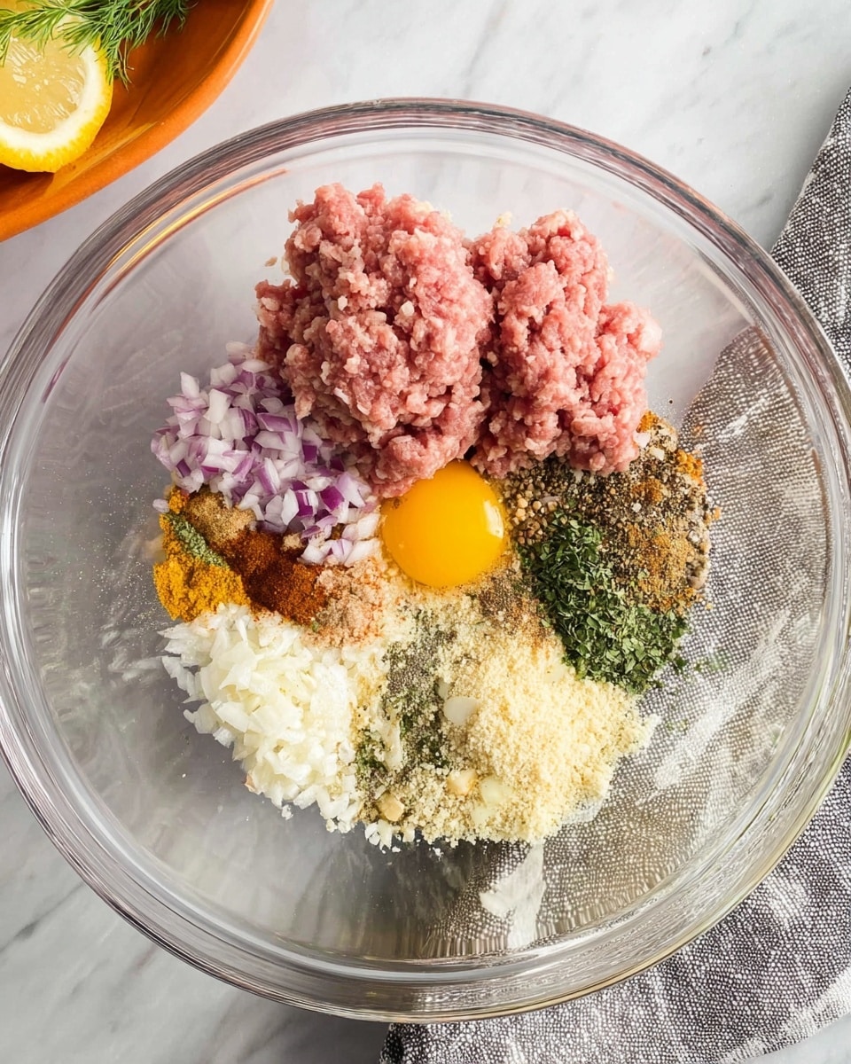 A clear glass bowl contains a mix of ingredients ready to be combined. There are three large clumps of light pink ground meat placed near the top of the bowl. In the center lies a raw egg yolk bright yellow in color. Around the yolk, various spices in shades of brown and green are sprinkled. To the left of the meat, finely chopped small red onion pieces and a mound of grated yellow ginger are visible. Below these, there is a white crumbly cheese. On the right side, breadcrumbs are sprinkled with ground black pepper on top. The bowl rests on white marbled surface with a soft gray and white striped cloth nearby. In the background, an orange dish holds lemon wedges and some green herbs are partially visible. photo taken with an iphone --ar 4:5 --v 7