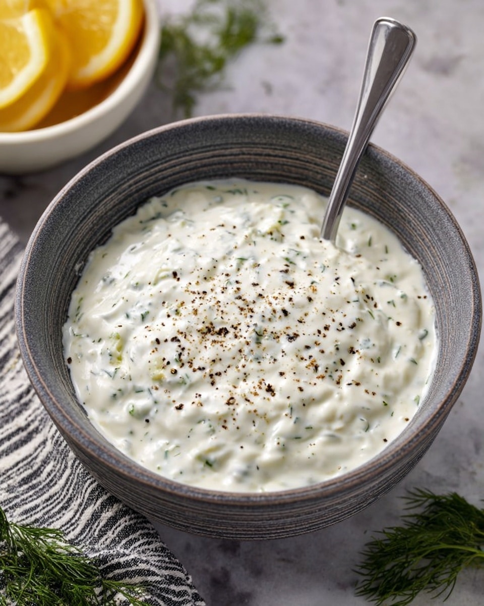 A close-up of a bowl filled with thick, white creamy sauce mixed with small green herb pieces, sprinkled with coarse black pepper on top. The bowl is textured in a dark gray shade with concentric circular ridges. On the top right inside the bowl, a silver spoon stands upright. In the top left background, there is a white bowl holding yellow lemon wedges resting on a white marbled surface with some green dill sprigs partially visible. A striped black and white cloth is partly visible under the bowl near the bottom edge. Photo taken with an iphone --ar 4:5 --v 7