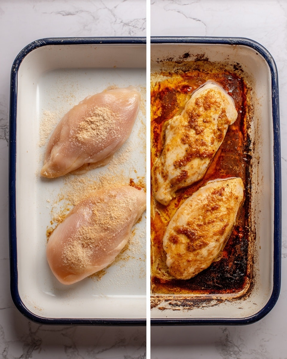 The image shows two stages of cooking chicken in a white rectangular baking dish with dark blue edges on a white marbled surface. On the left side, two raw chicken pieces sit flat on the dish, sprinkled lightly with a beige seasoning powder, showing a smooth and pale pink texture. On the right side, the same two chicken pieces are cooked, turning a light golden brown color with some darker browned spots on top, surrounded by crispy, dark brown and orange oil stains and charred bits on the baking dish surface. photo taken with an iphone --ar 4:5 --v 7