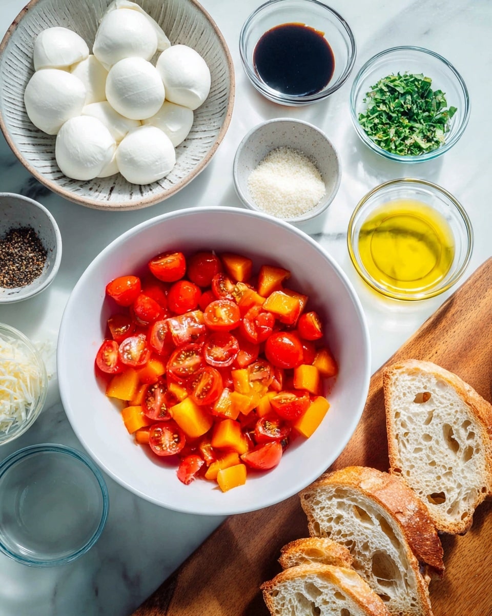 A white bowl filled half with bright red cherry tomato halves and half with small orange and yellow peach chunks, placed on a white marbled surface. Around the bowl are small clear glass bowls containing black pepper, white powdery salt, minced pale yellow garlic, golden olive oil, dark balsamic vinegar, and chopped green herbs. To the left, there is a white textured bowl holding three balls of smooth white mozzarella cheese. Below that, a wooden board holds four slices of crusty light brown bread with holes in the crumb. The scene is bright and clear, showing fresh ingredients ready to mix photo taken with an iphone --ar 4:5 --v 7
