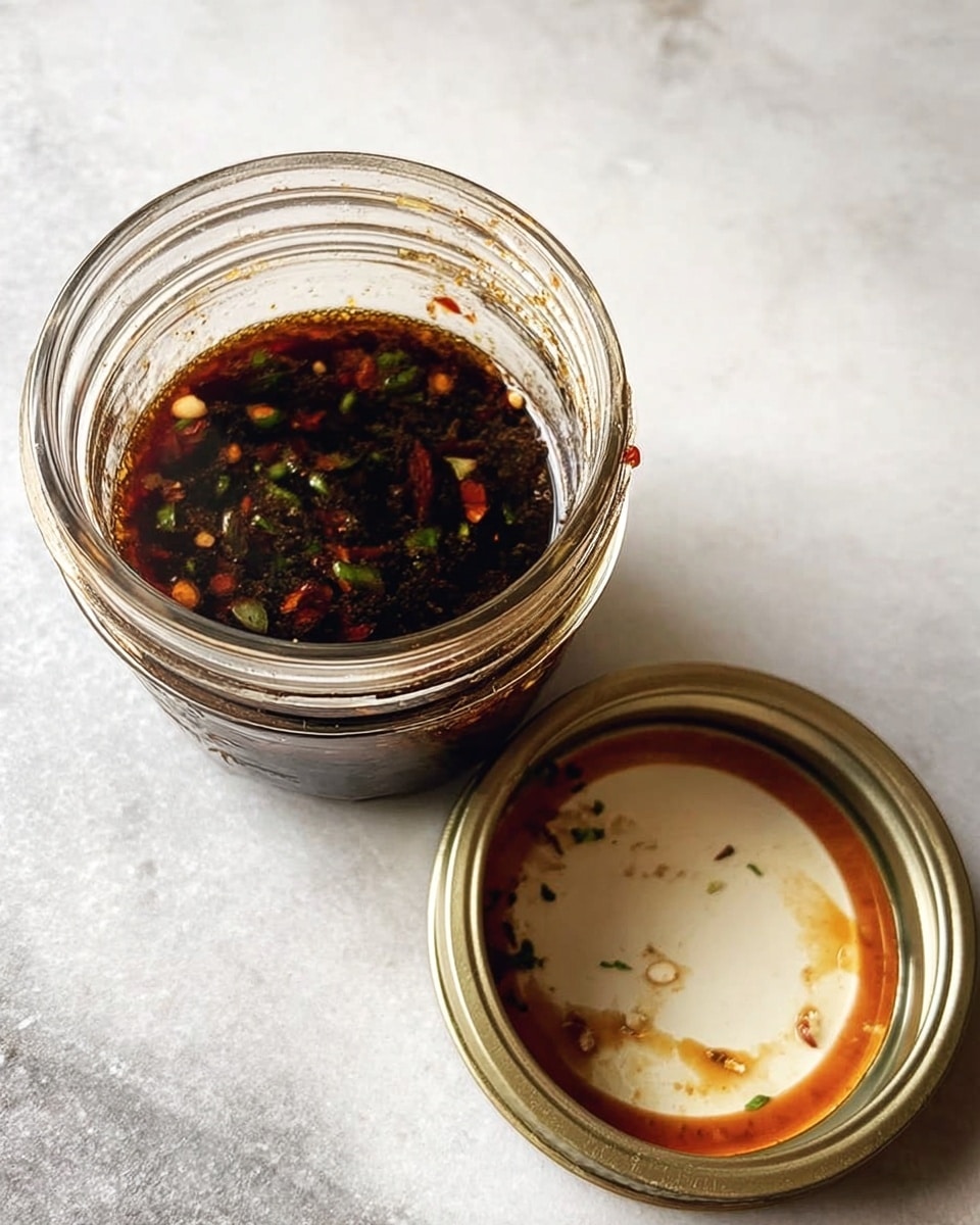 A small clear glass jar filled with a dark, thick sauce showing bits of red chili flakes and green herbs inside. The jar’s metal lid is off and placed to the right, showing some sauce stains and small herb pieces on its inner side. The jar and lid rest on a white marbled textured surface. photo taken with an iphone --ar 4:5 --v 7