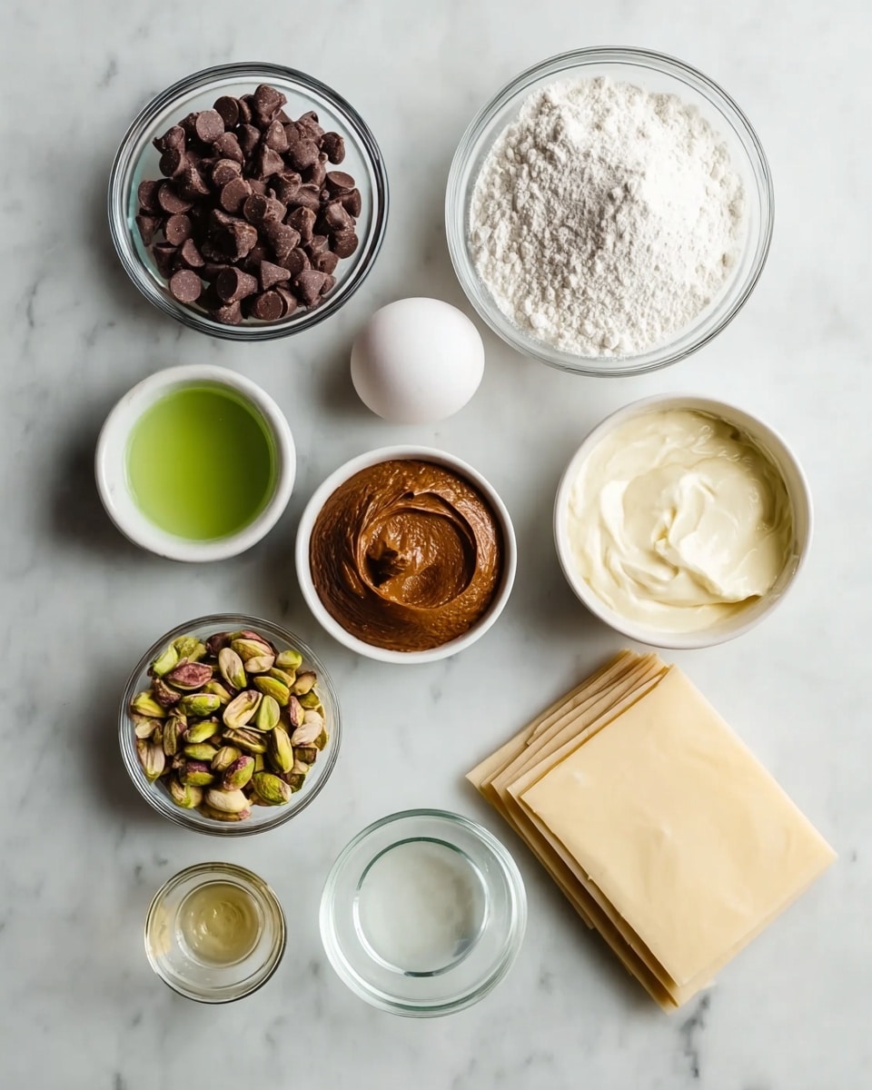The image shows eight small containers and one egg arranged neatly on a white marbled surface. At the top left, there is a small glass bowl filled with dark brown chocolate chips. Next to it on the right is a white bowl filled with white powder. Below the chocolate chips, there is a small white bowl with a green liquid inside. Centered below the white powder bowl is a small white bowl with a thick brown paste. To the right of this is a round glass bowl with a smooth off-white cream. Below these bowls, there is a single white egg on the left and a small glass bowl with a clear liquid to the right of the egg. At the bottom left, a small white bowl holds chopped nuts including pistachios and almonds. On the lower right side, there are four beige folded sheets stacked together. photo taken with an iphone --ar 4:5 --v 7