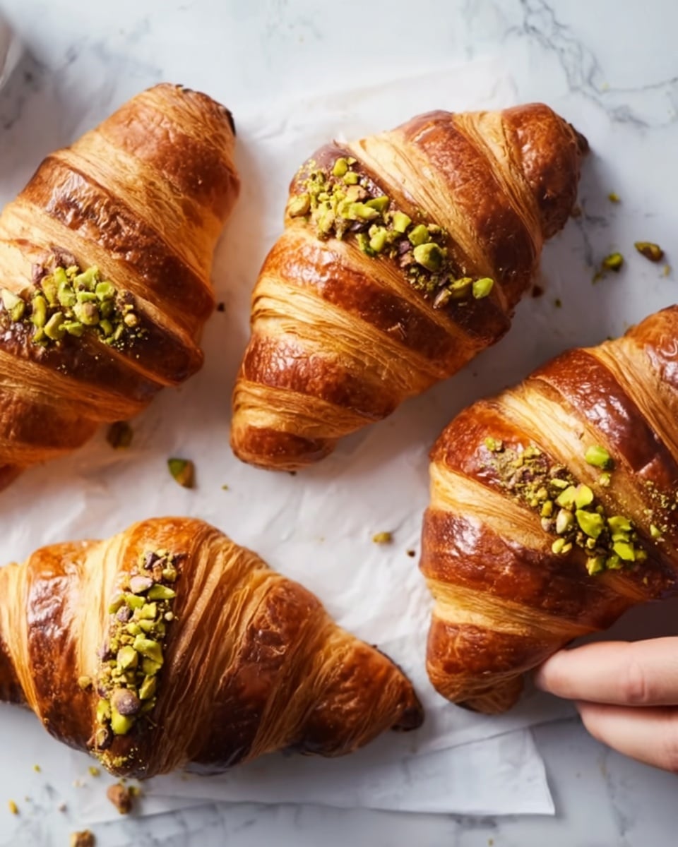The image shows a white plate with a flaky croissant cut open, revealing three layers of smooth filling inside. The bottom layer is a rich dark chocolate cream, the middle layer is a pale green pistachio cream, and the top layer is another thick dark chocolate cream. The croissant's golden brown, crisp outer shell has a soft inside with visible flaky layers. Small pieces of chopped pistachio nuts are sprinkled on top of the croissant. The background is a white marbled surface with soft light, and another croissant appears blurred in the distance. A woman's hand holds the crescent-shaped croissant from the side. photo taken with an iphone --ar 4:5 --v 7