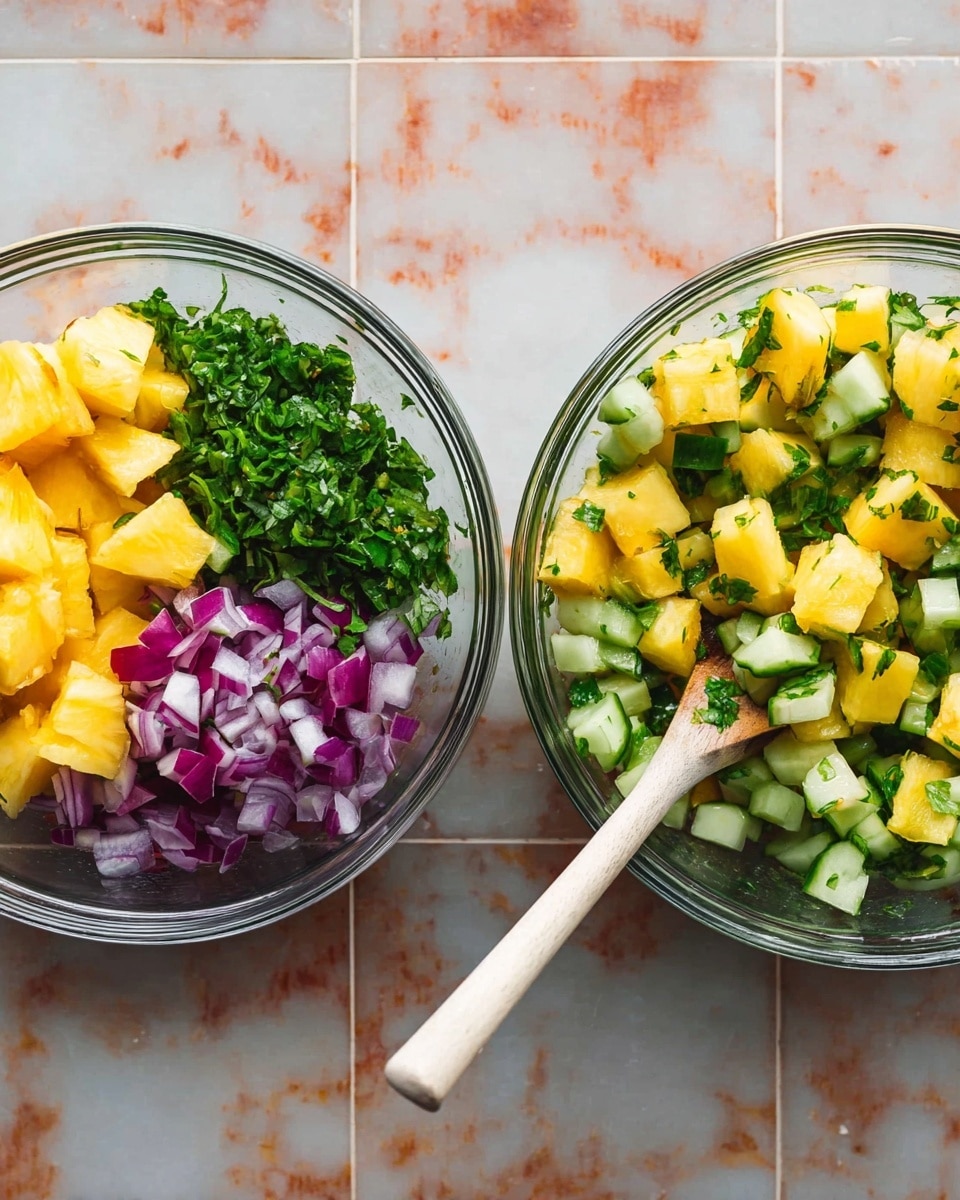 Two clear glass bowls rest side by side on a white marbled surface. The bowl on the left holds four separate piles of chopped ingredients: bright yellow pineapple chunks at the bottom, vibrant green chopped herbs on the left, deep purple diced red onion at the top left, and small pieces of green cucumber on the top right. The bowl on the right shows all the ingredients mixed, with more yellow pineapple chunks visible and pieces of purple onion, green herbs, and cucumber evenly spread. A white spoon with a pale wooden handle sits inside the right bowl, angled into the mix. photo taken with an iphone --ar 4:5 --v 7