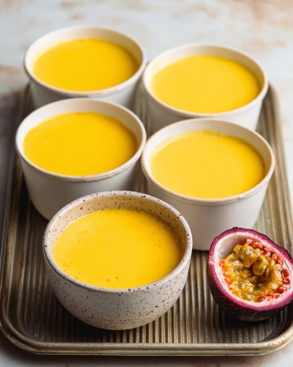 The image shows five small white cups filled with a smooth, bright yellow liquid that looks like a creamy dessert or custard. Four cups are identical and placed on a metal tray with a ridged texture, arranged in a loose cluster towards the top. One cup is different, a speckled ceramic bowl placed closer to the front on the tray. Next to this bowl is a halved passion fruit with rough purple skin and bright yellow seeds inside, adding a pop of color and texture contrast near the creamy yellow dessert. The background is a white marbled surface. Photo taken with an iphone --ar 4:5 --v 7
