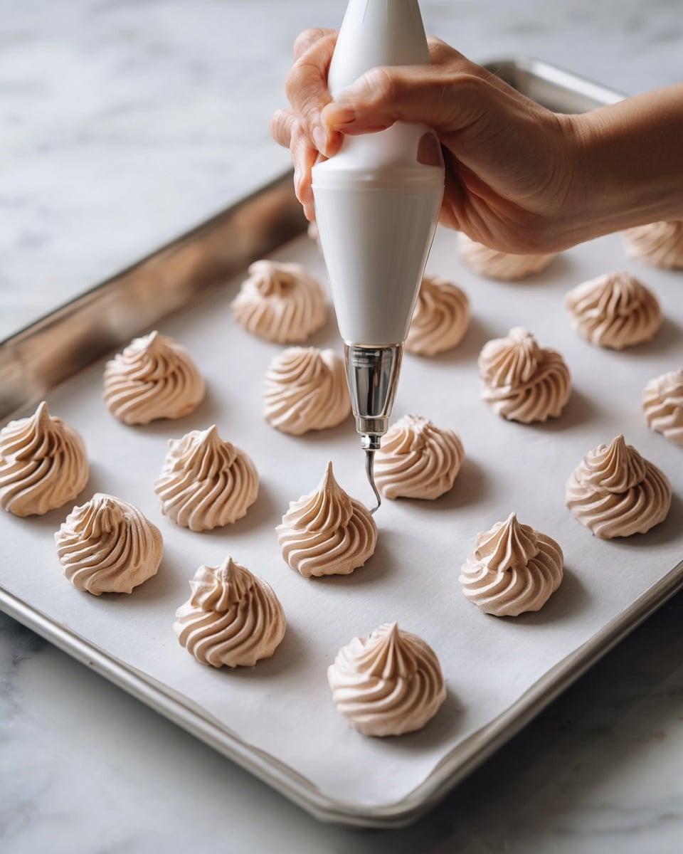 The image shows seven small white bowls placed on a white marbled surface. Starting at the top left, there is a bowl with three raw egg yolks and egg whites visible, golden yellow and translucent. To the right, there is a medium bowl filled with white granulated sugar, smooth and piled high. Below the sugar bowl is a small glass bowl with dark brown vanilla extract inside. In the center is a bigger bowl with a mound of dark brown cocoa powder, finely textured. Toward the bottom left, there is a small glass measuring cup containing amber-colored maple syrup. Below that is a small bowl with white baking powder, fine and powdery. On the bottom right is another white bowl with reddish-brown liquid, likely vanilla extract. The overall scene is clean and organized, with the bowls neatly spaced. Photo taken with an iphone --ar 4:5 --v 7