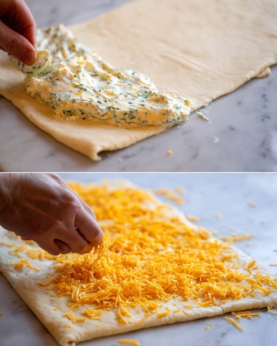 The image shows several round, golden-brown pastry swirls with many layers of thin dough rolled tightly. Each swirl has an orange color with hints of white dough and is topped with small pieces of chopped green herbs and coarse salt. One swirl is broken open, showing the soft, layered inside with baked cheese between the layers. The pastries are on a piece of brown parchment paper, set on a white marbled wood-textured surface, next to a small bowl with melted butter and herbs. Photo taken with an iphone --ar 4:5 --v 7