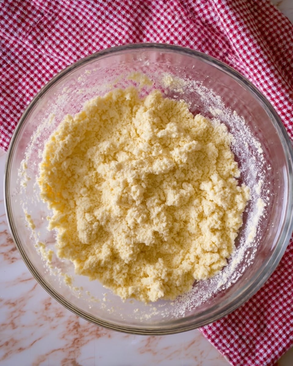 A clear glass bowl sits on a white marbled surface with a red and white checked cloth partially visible underneath. Inside the bowl is a pale yellow, soft and crumbly mixture with a somewhat grainy texture. The mixture fills the bowl about halfway, and the sides of the bowl show traces of the mixture stuck to them. The overall scene is lit softly, highlighting the texture and color of the mixture. Photo taken with an iphone --ar 4:5 --v 7
