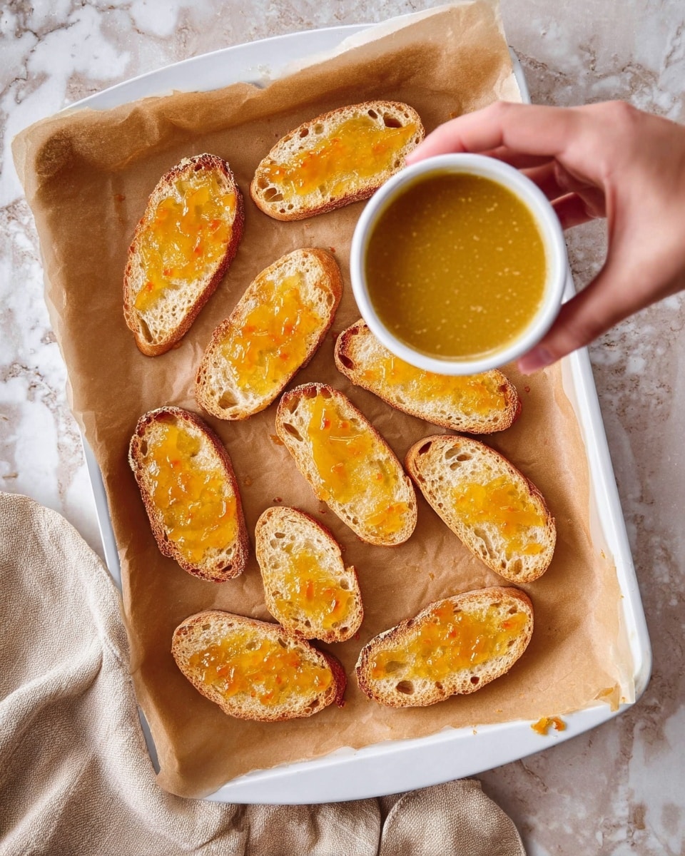 The image shows a white tray covered with brown parchment paper holding ten toasted bread slices arranged in uneven rows. Each toasted bread slice has a shiny golden-yellow spread with some hints of orange jam adding a textured, sticky look. A woman's hand is reaching into the frame from the top center, holding a small white cup filled with thick, smooth golden-yellow sauce. The background is a white marbled surface, and a light beige cloth is partially visible at the bottom of the image. The overall lighting is soft and natural, highlighting the texture and colors of the bread and sauce. photo taken with an iphone --ar 4:5 --v 7