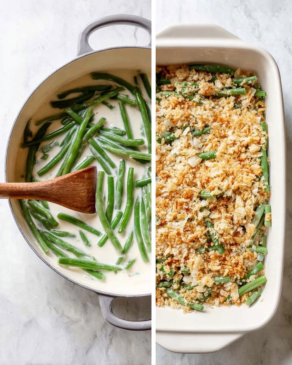 The left side shows a silver pot on a white marbled surface filled with creamy white sauce and fresh green beans on top, with a wooden spoon stirring from the right side. On the right side, there is a white rectangular baking dish on the same white marbled surface, filled with green beans covered by a layer of golden crispy crumbs with small pieces of onion in the topping. photo taken with an iphone --ar 4:5 --v 7