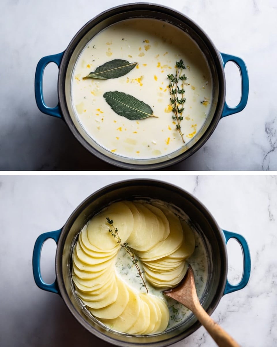 A white rectangular baking dish filled with a creamy potato gratin showing several layers of thin, oval potato slices mostly covered by a golden brown melted cheese crust with bubbling and slight spots of darker brown. Small sprigs of fresh thyme decorate the top, adding green contrast to the warm creamy and cheesy textures. The dish is placed on a white marbled surface with a glass of sparkling water and part of a white plate with a black fork visible nearby. Photo taken with an iphone --ar 4:5 --v 7