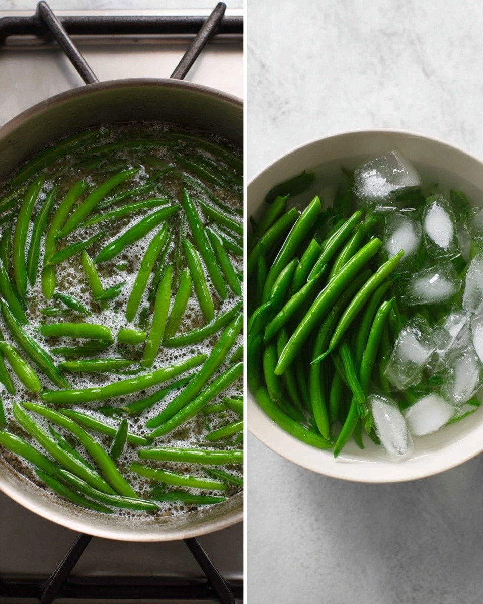 The image shows two side-by-side photos of green beans being prepared. On the left, bright green beans are boiling in bubbling water inside a metal pan on a stove, with bubbles and foam visible on the surface. On the right, the green beans are placed in a white bowl filled with clear water and ice cubes, making the beans look fresh and crisp. Both photos have a white marbled surface background. photo taken with an iphone --ar 4:5 --v 7