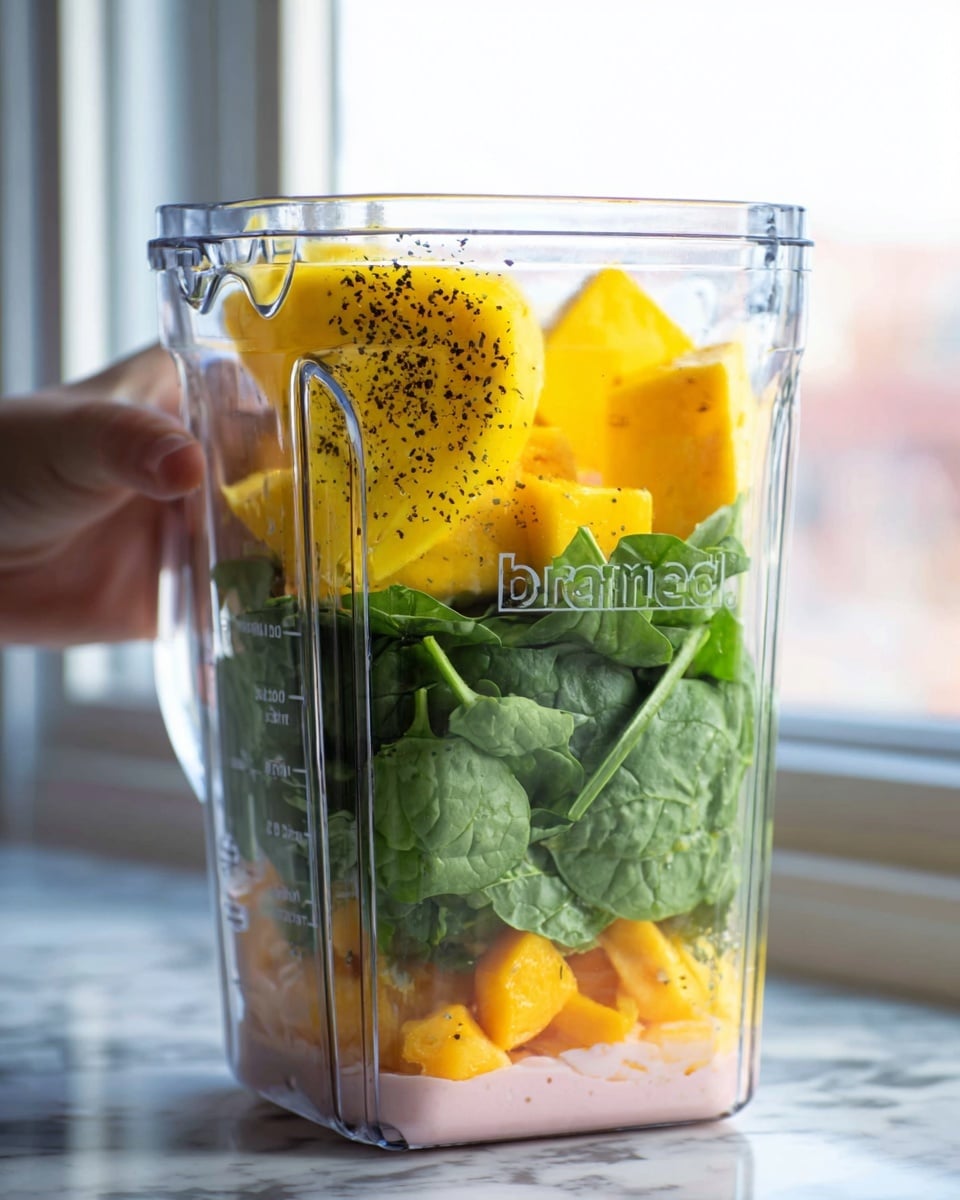 The image shows a clear blender jar filled with layers of fresh ingredients set on a white marbled surface. At the bottom is a layer of light pink yogurt, topped with bright orange chunks of fruit, likely mango or peach. Above that is a thick pile of dark green spinach leaves, filling most of the jar. On top of the spinach are two large pieces of yellow fruit, sprinkled lightly with black seeds or spices. A woman's hand is visible holding the blender from the side. In the background, soft natural light comes through a window, adding brightness to the scene. Photo taken with an iphone --ar 4:5 --v 7