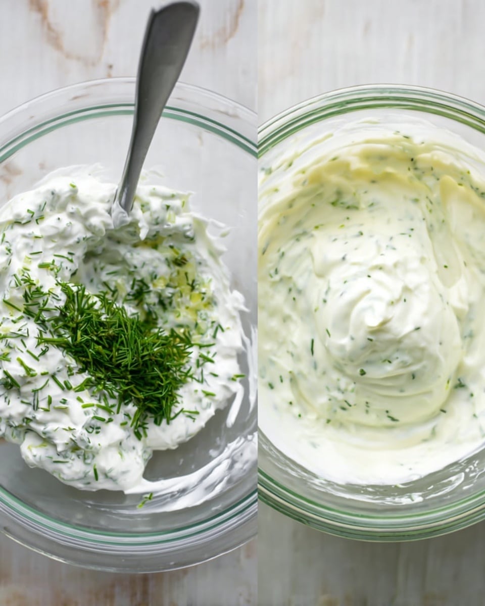 The image shows two clear glass bowls side by side on a white marbled surface. The left bowl is filled with thick white yogurt mixed with finely chopped green herbs and minced garlic, with a metal spoon standing inside it. The right bowl contains a smooth, creamy yogurt mixture with small green herb pieces evenly spread throughout, creating a light green speckled texture on the white yogurt. Photo taken with an iphone --ar 4:5 --v 7