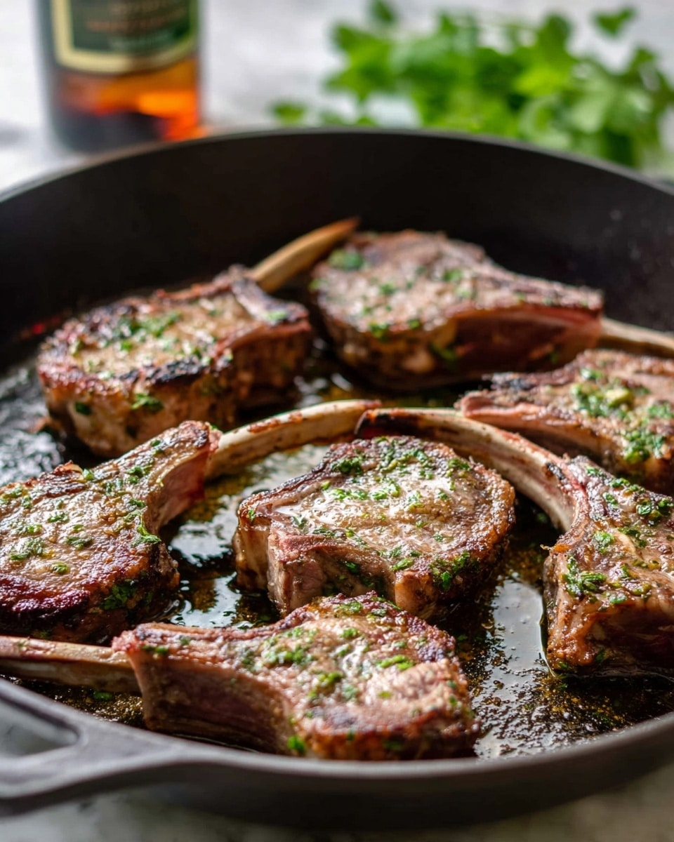 The image shows eight cooked lamb chops arranged neatly on a long white rectangular plate with a black patterned border. Each chop is golden brown with a slight char, and they have some green herbs sprinkled on top, adding a fresh touch. The lamb chops are sitting in a light brown sauce that pools slightly on the plate, giving a shiny texture to the meat. The plate is placed on a white marbled surface, and a woman's hand is reaching in from the right side, about to pick up one of the chops. photo taken with an iphone --ar 4:5 --v 7