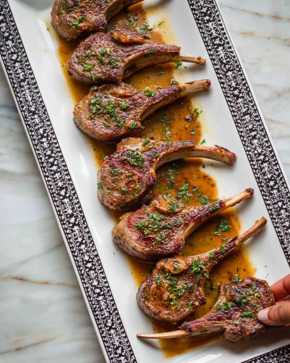 The image shows two grilled lamb chops stacked on a blue plate, with the top chop sliced to reveal a pink, juicy inside. The outside of the chops is browned with a slight char and sprinkled with chopped green herbs. There is a sauce or juice pooling around the base of the chops on the plate. A woman's hand is holding a fork and knife, cutting into the lamb chop on the right side. The background is a white marbled surface. Photo taken with an iphone --ar 4:5 --v 7